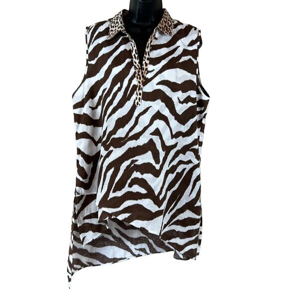 Chico’s sleeveless linen zebra print tunic in brown and white, size 3 - Picture 1 of 7